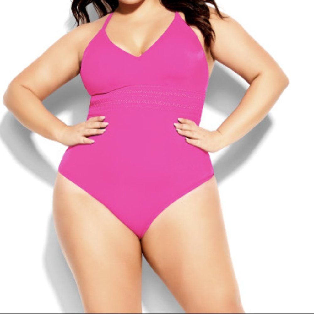 City Chic 16 One Piece Lucia Swimsuit Hot Pink V-Neck Criss Cross Back